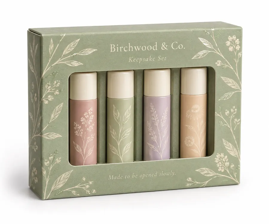 Closed sage green lip balm gift carton with four pastel tubes visible through its window