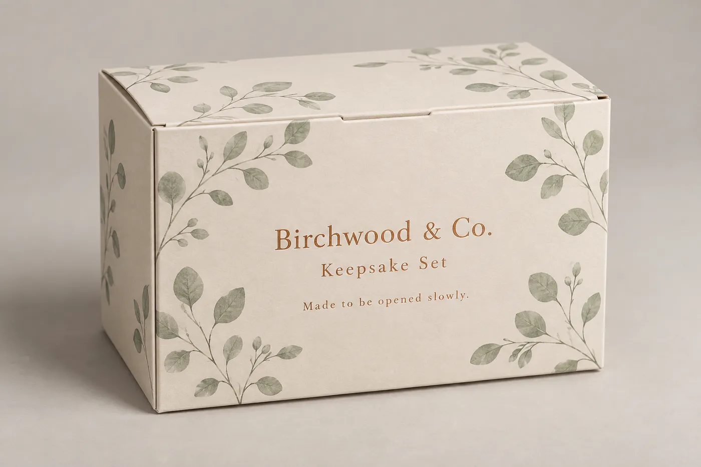 Warm ivory printed box for a lotion gift set with botanical panels