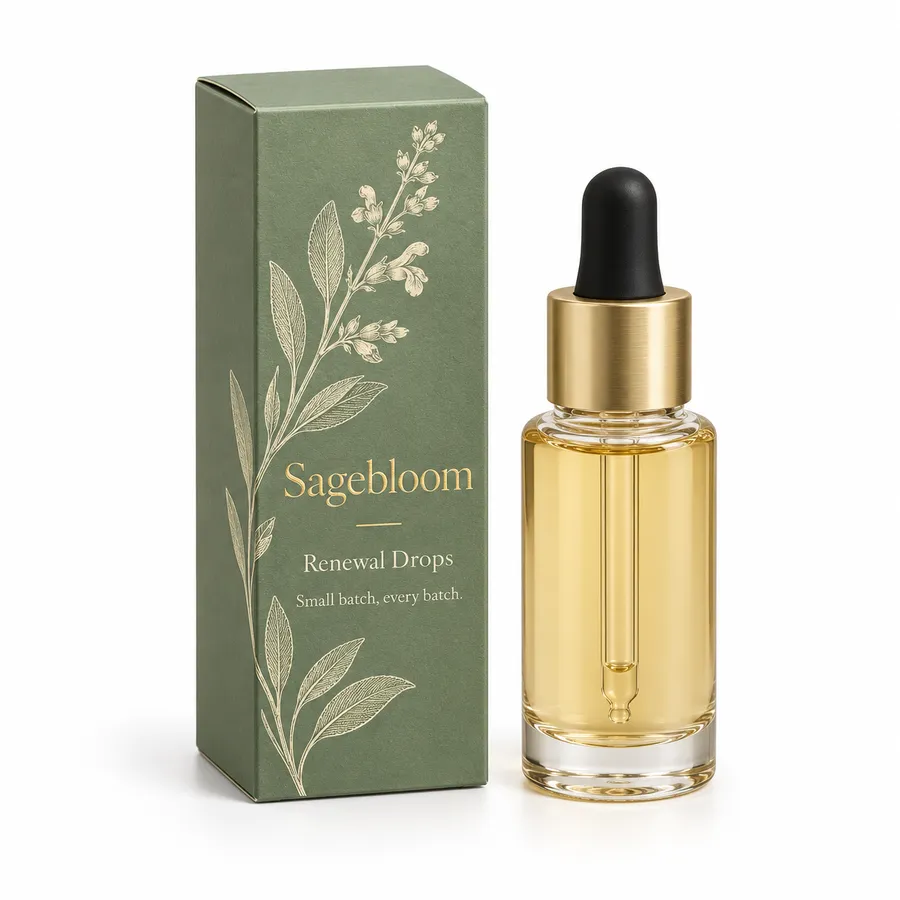 Sage green Sagebloom cosmetic carton with gold brand lettering beside a plain glass dropper bottle