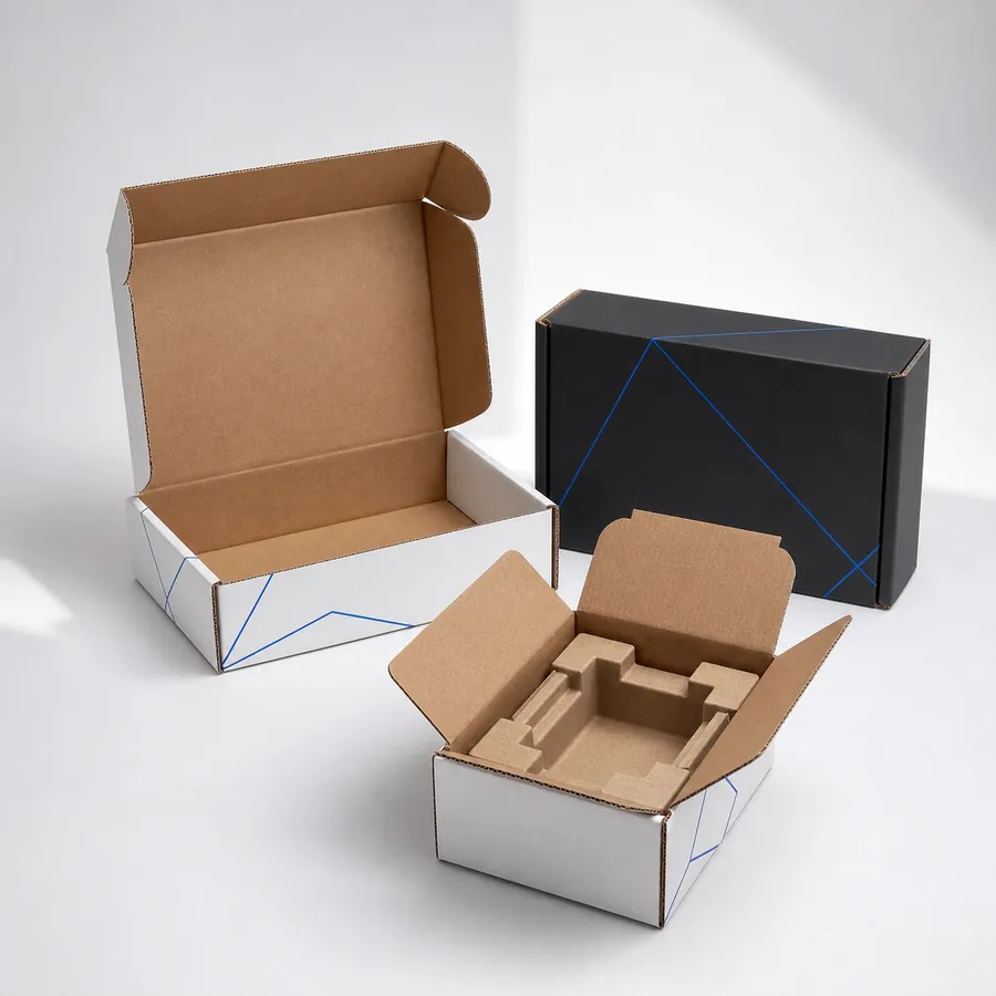 Open corrugated mailer boxes with molded inserts on a bright neutral studio set