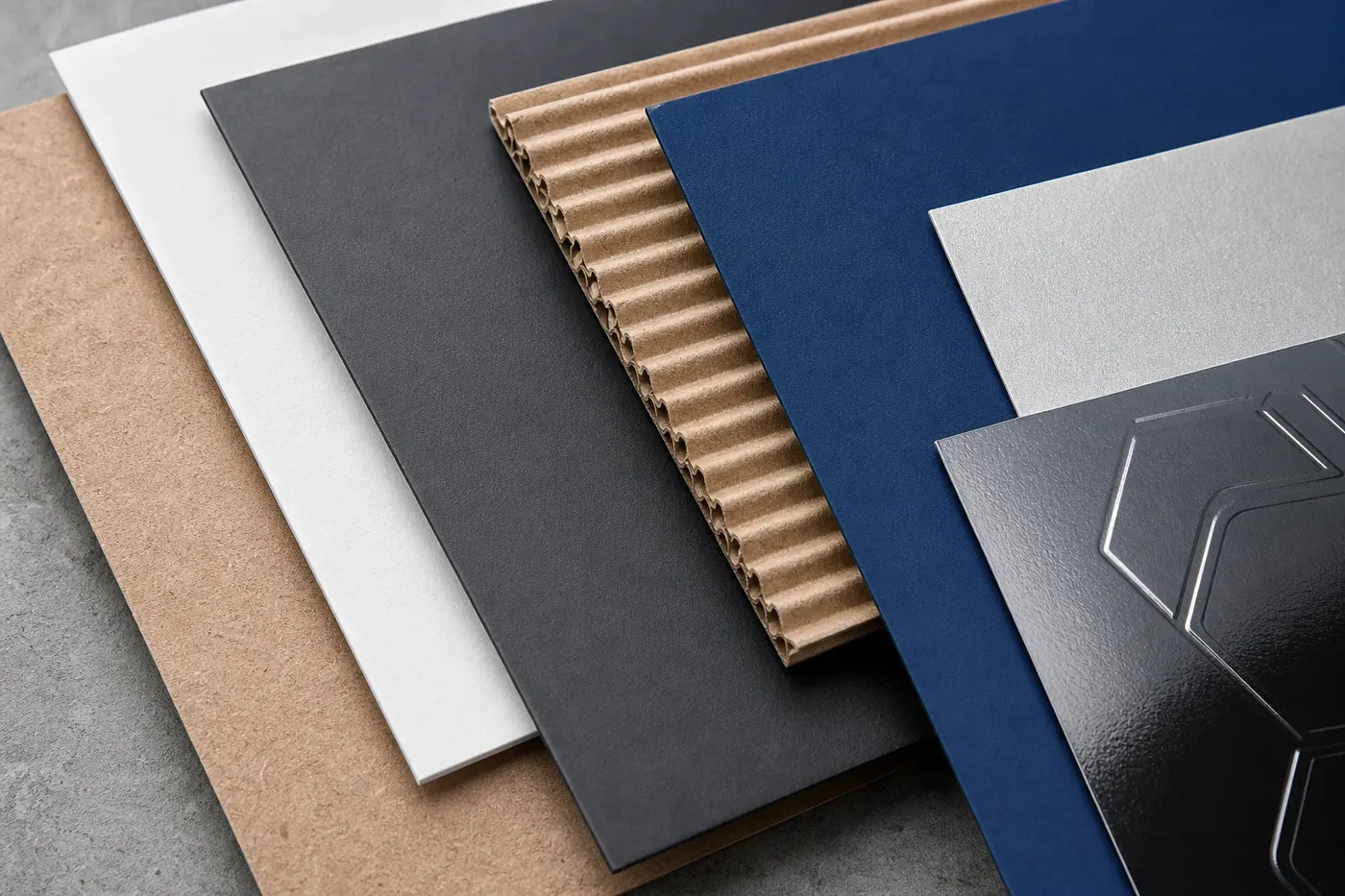 Kraft, white, charcoal, cobalt, corrugated, foil, gloss, and embossed packaging samples