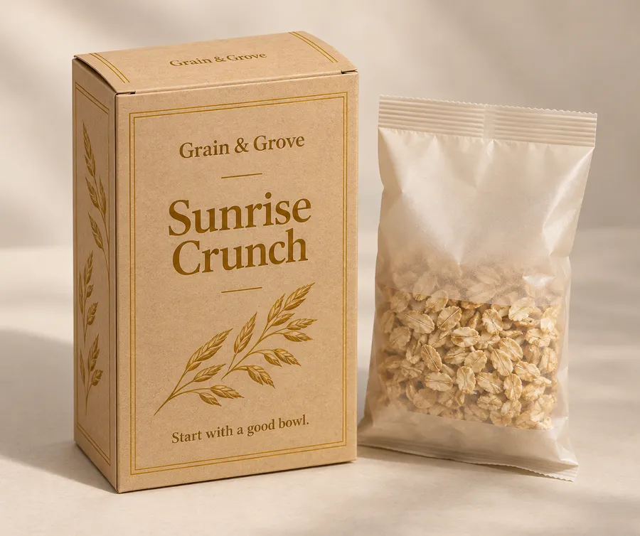 Closed mini cereal box beside a plain inner cereal pouch with oat-gold printed branding