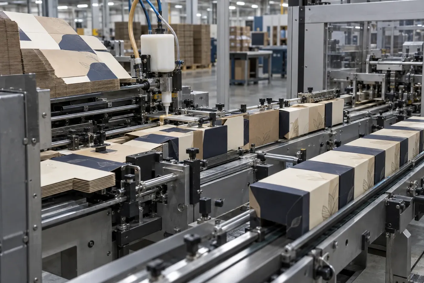 Automated folding and gluing line carrying printed cartons