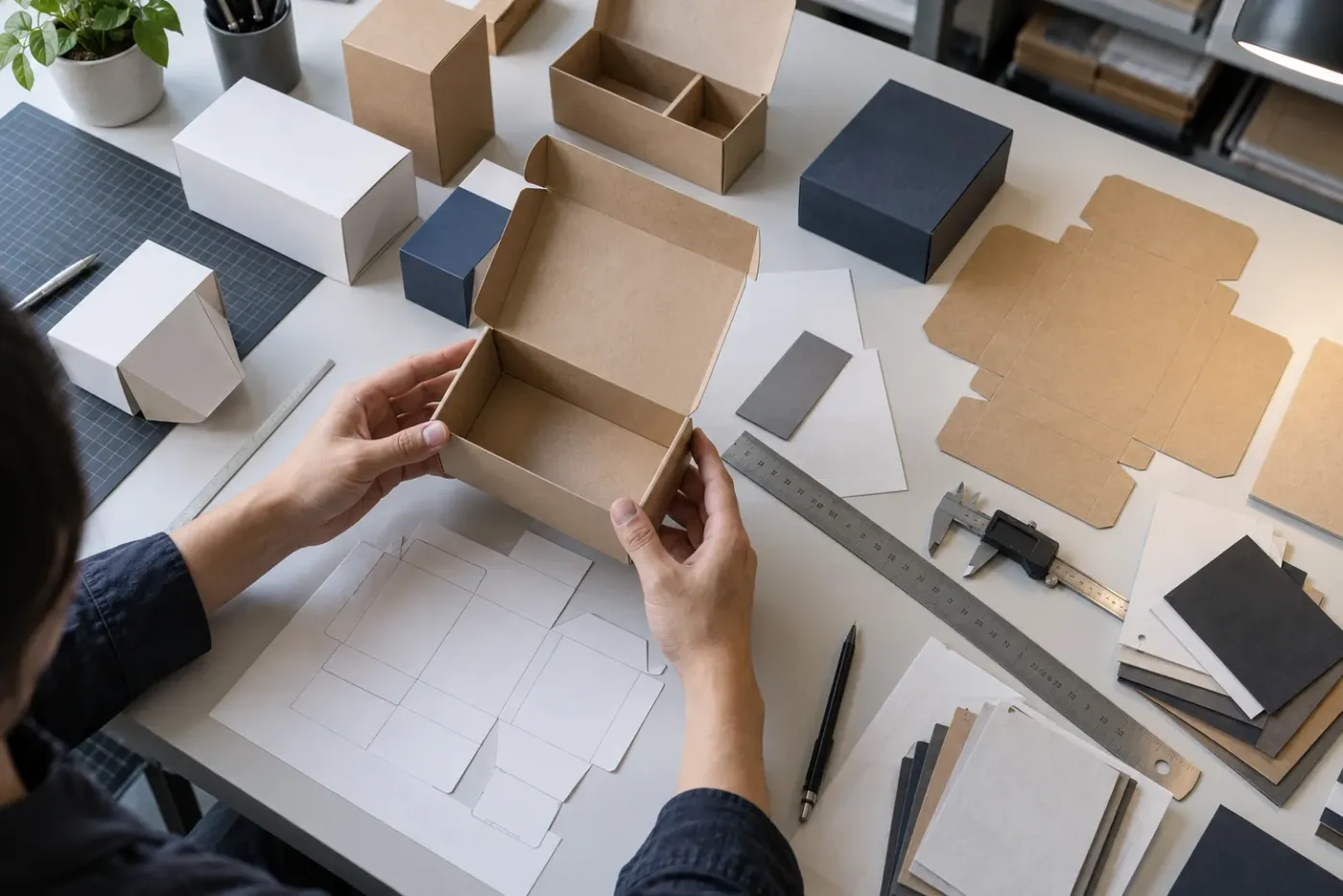 Packaging prototypes, dielines, board swatches, and measuring tools