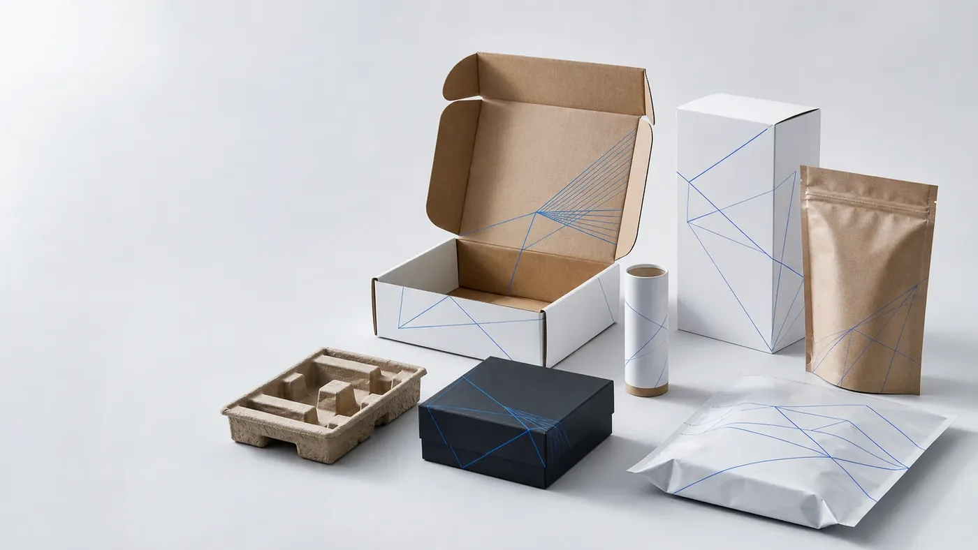 Assortment of custom cartons, rigid boxes, mailers, tubes, and retail packaging.