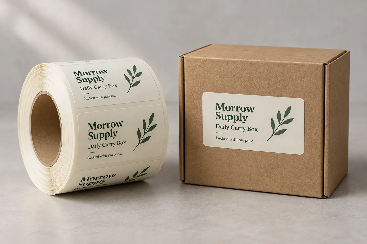 Custom product label applied to a warm kraft folding carton beside a matching loose label