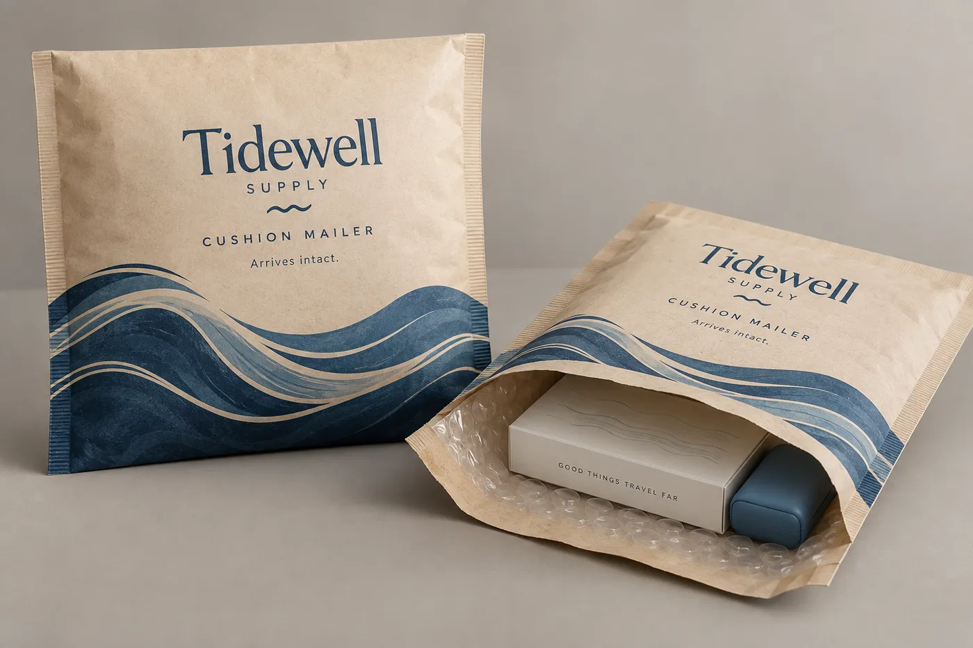 Printed kraft bubble mailer beside an opened padded mailer with a slim retail carton visible
