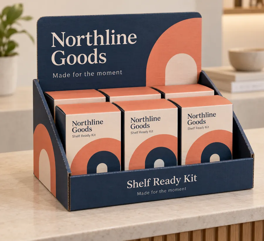 Loaded corrugated counter display with a raised Northline Goods backer above navy-and-coral side walls and a low front lip.