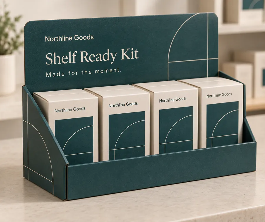 Close view of the folded edge and printed header on a deep-teal retail display box with fictional cartons.