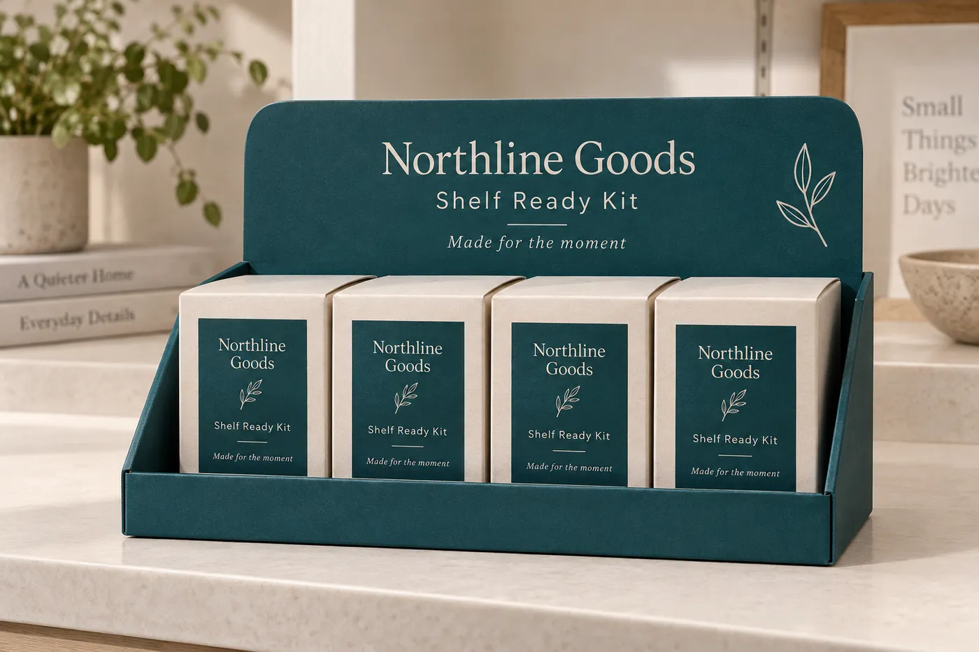 Deep-teal open-front retail display box with four fictional cartons and Northline Goods header print.