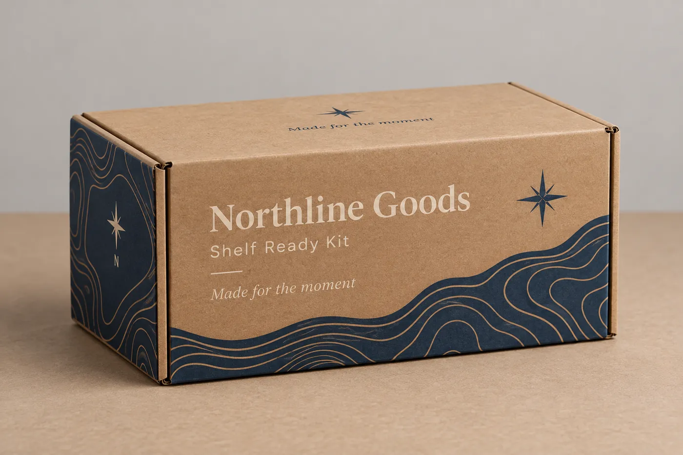 Closed kraft retail shipping box with printed panels, tuck closure, and clean scored folds