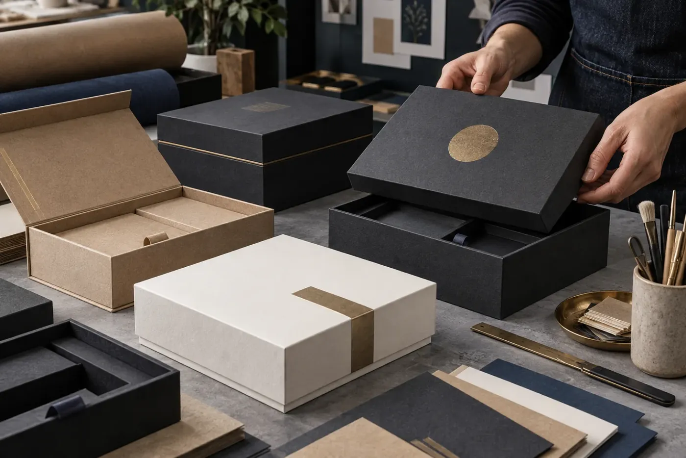 Premium rigid presentation boxes being assembled on a worktable