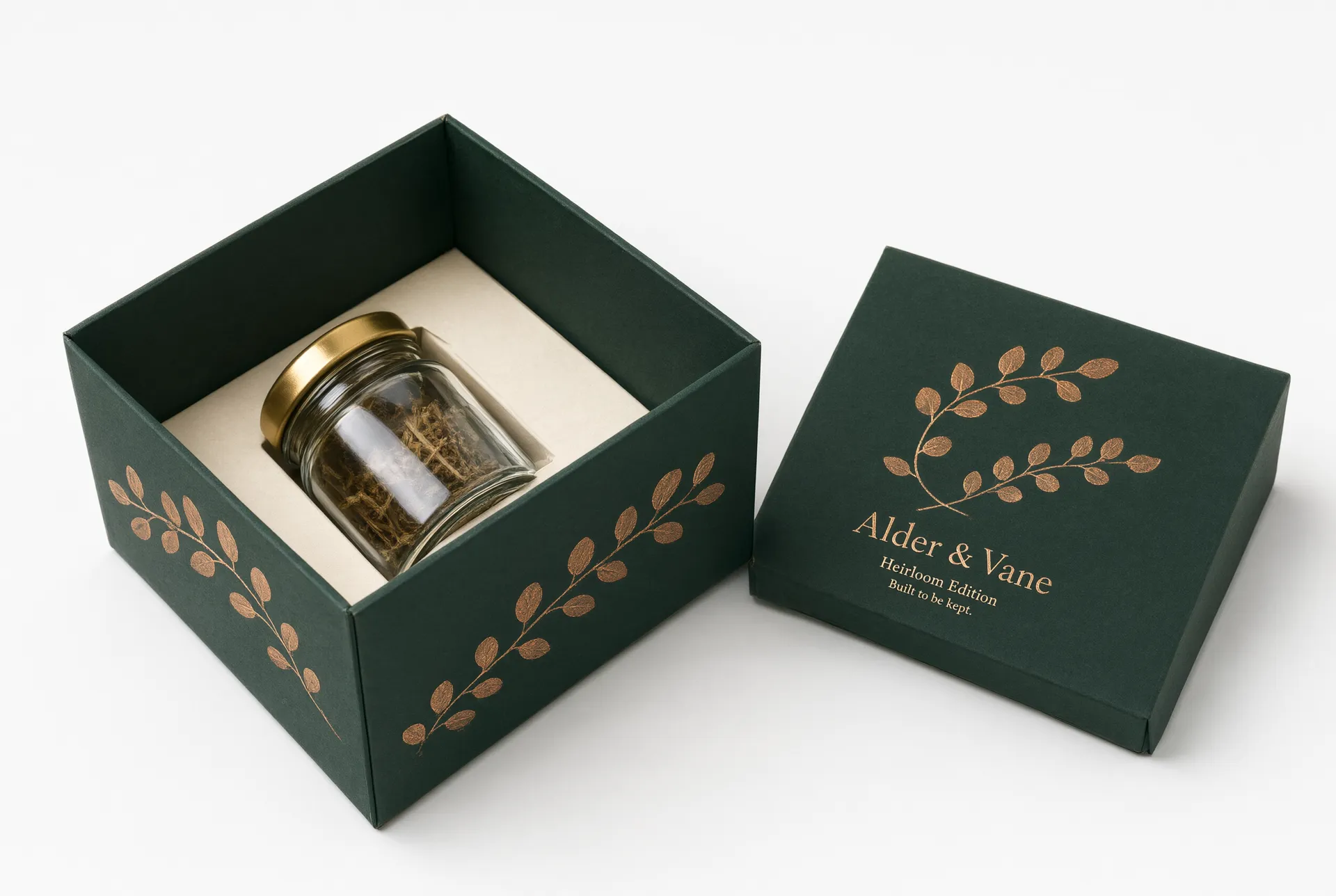 Open rigid gift box showing a paperboard insert holding a glass keepsake jar with a brass lid