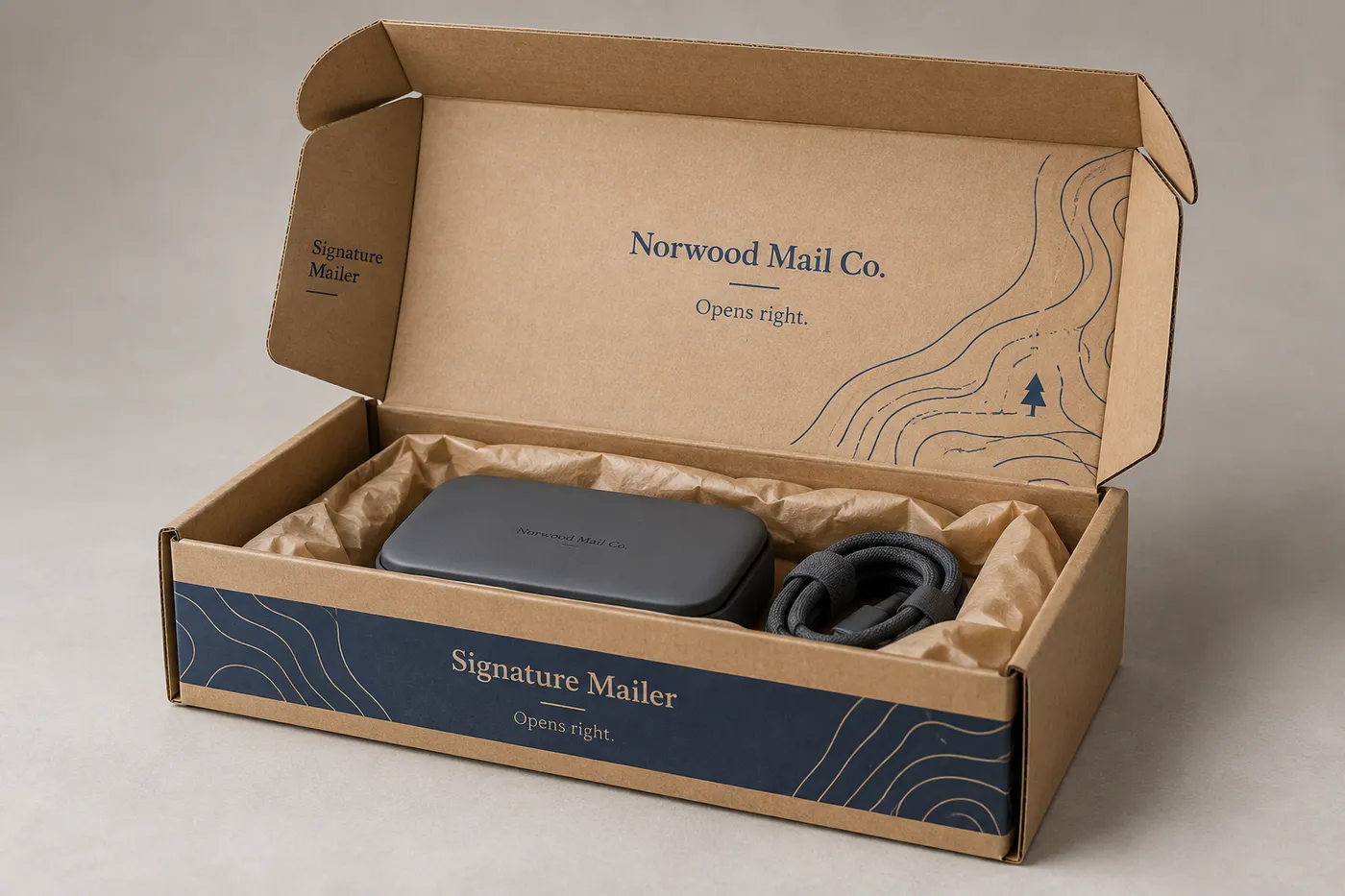 Open rigid corrugated mailer with a slate-gray accessory set, sturdy side walls, and Norwood Mail Co. print