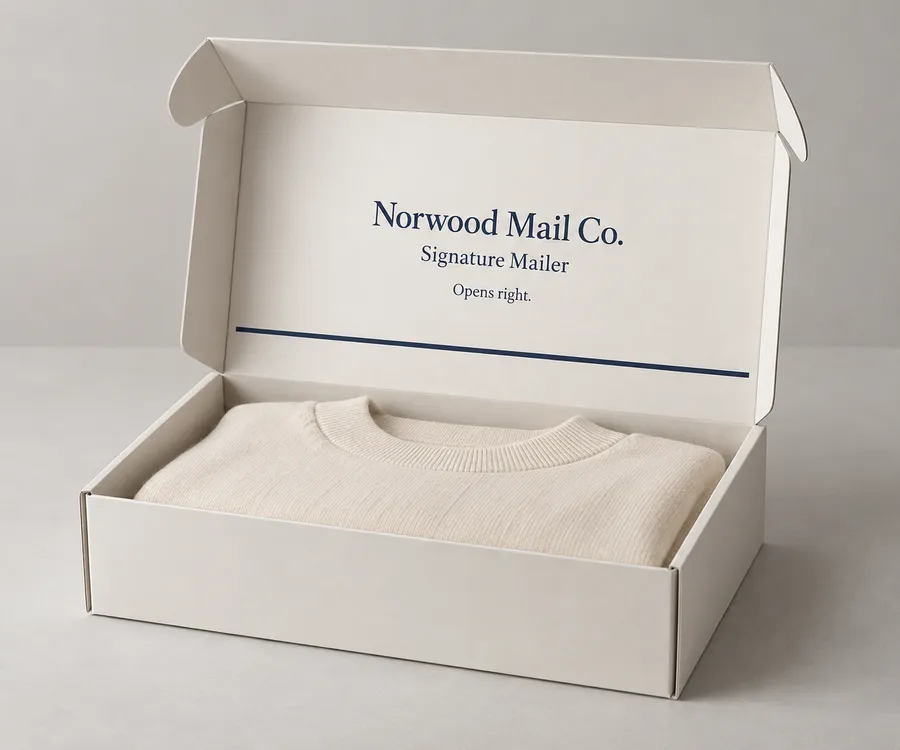 Open rigid paperboard mailer box with folded apparel inside