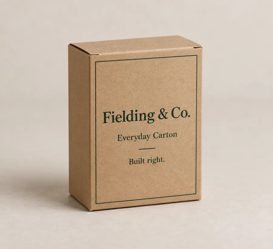 Closed small cardboard box with kraft paperboard, green border print, and Fielding & Co. branding