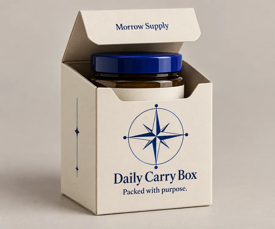 Warm ivory small product box with cobalt print, tuck flap, and amber jar