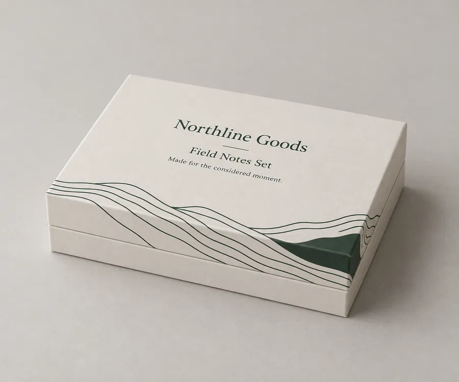 Closed small rigid box with a forest-green motif and fictional printed brand mockup