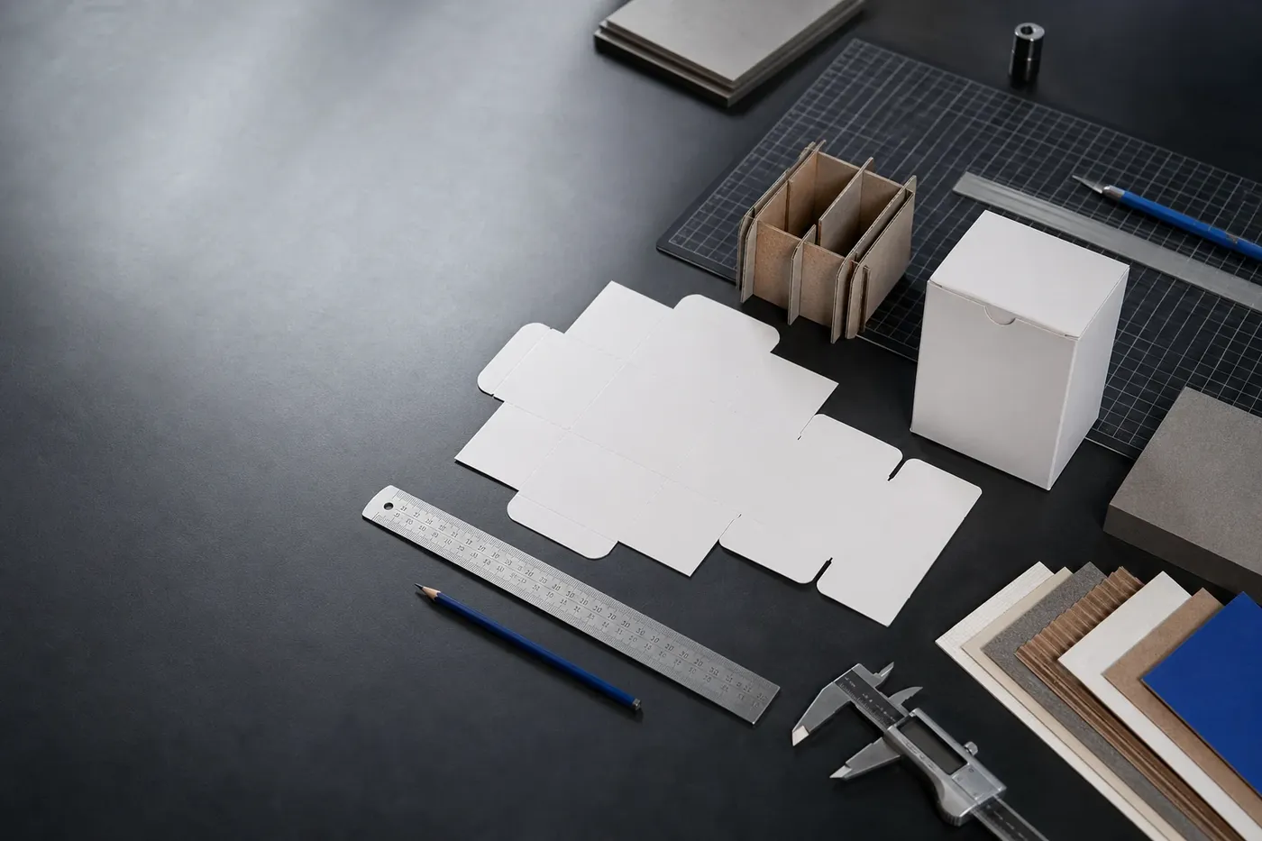 Structural packaging workbench with dieline, calipers, ruler, inserts, and material swatches
