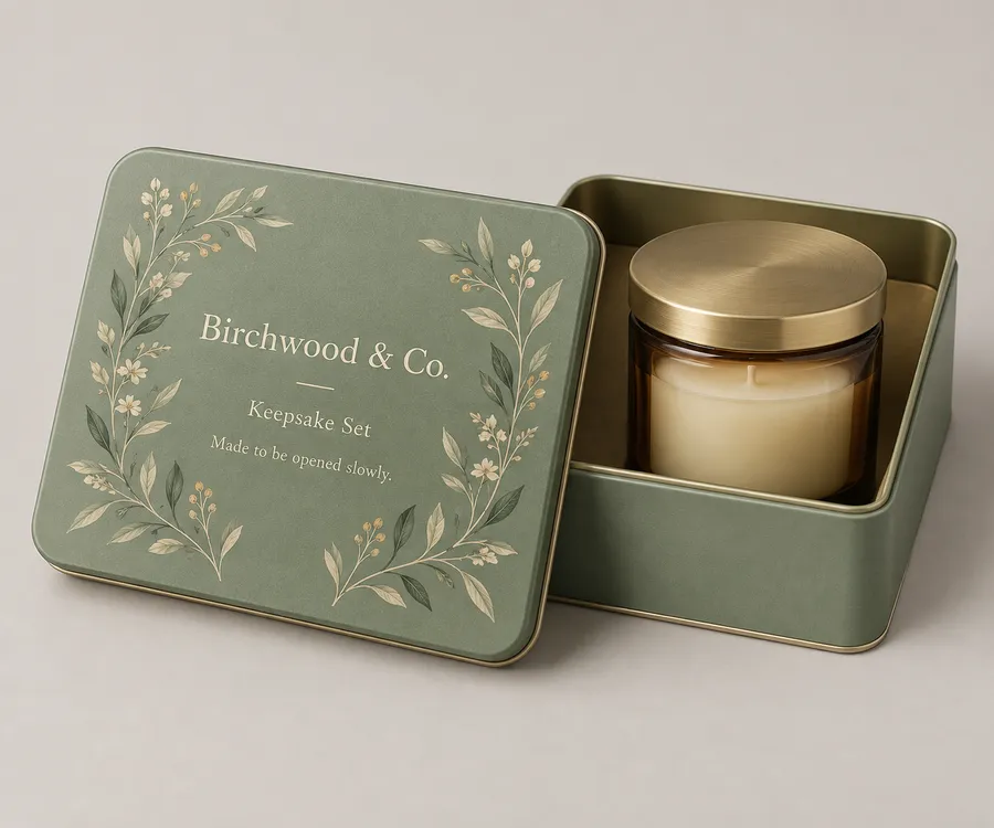 Sage green tin gift box with botanical lid print and amber candle jar inside