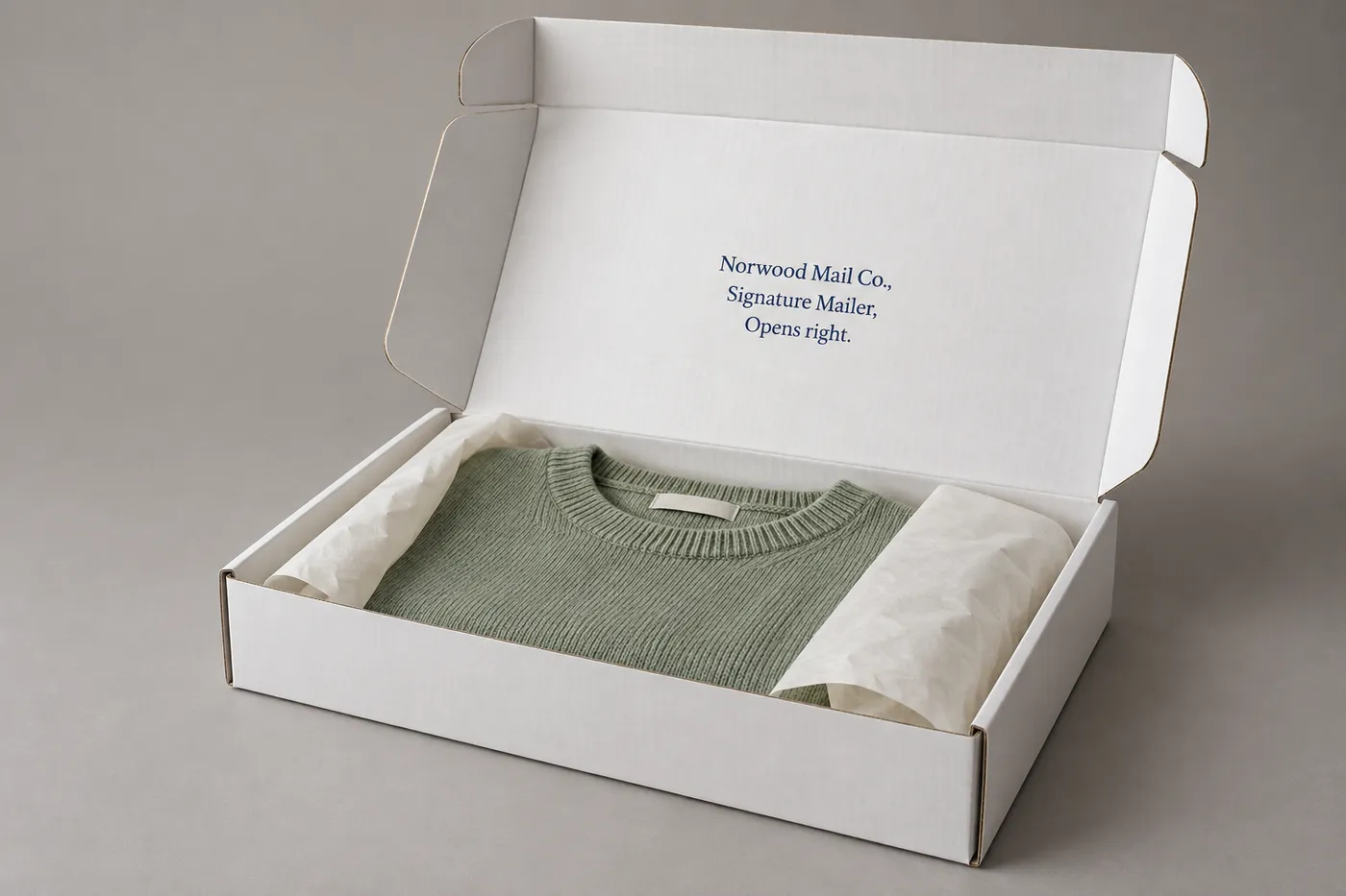 Open white mailer box with folded green knit apparel inside