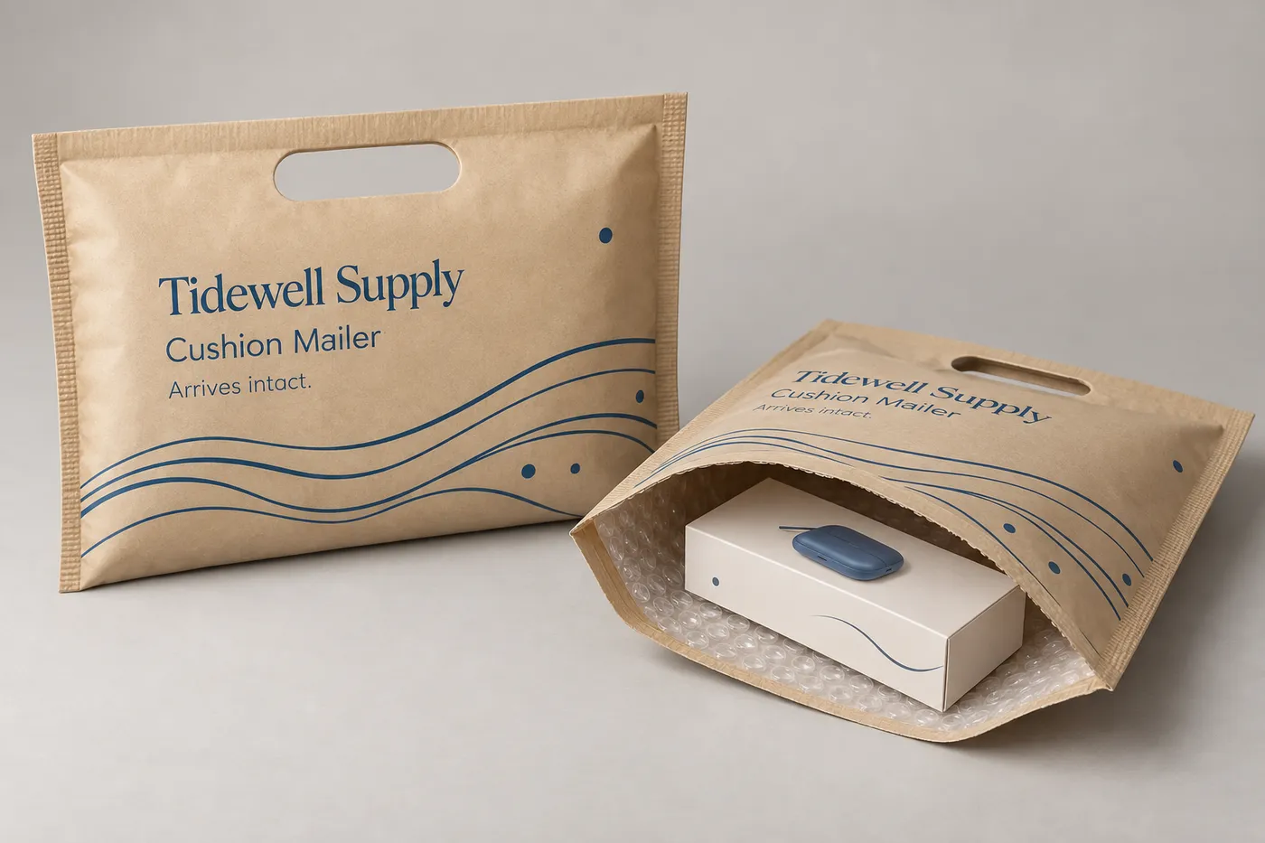 Printed handled kraft bubble mailer beside an opened padded mailer with a slim retail carton