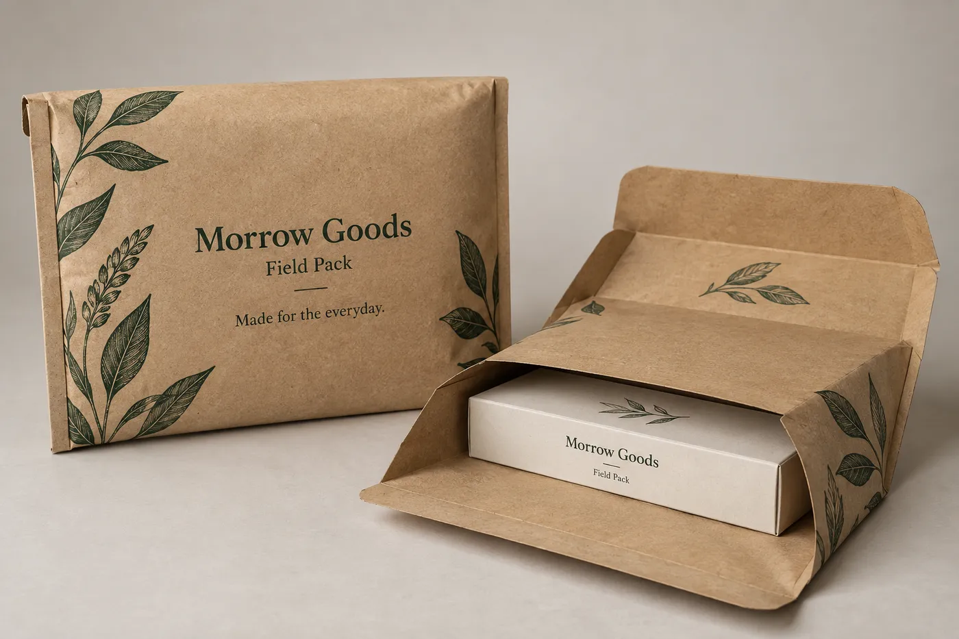 Printed flexible kraft mailer beside an opened mailer holding a slim ivory carton