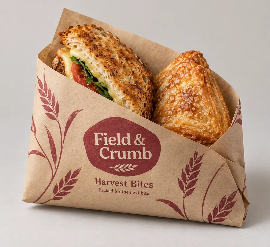 Printed kraft food wrapping paper folded around a sandwich and pastry portion