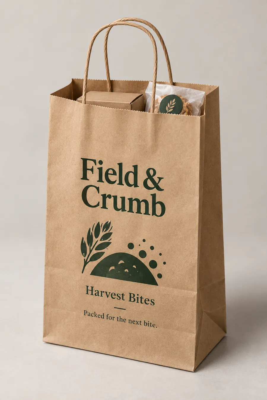 Printed kraft food-service bag with a bakery order inside.
