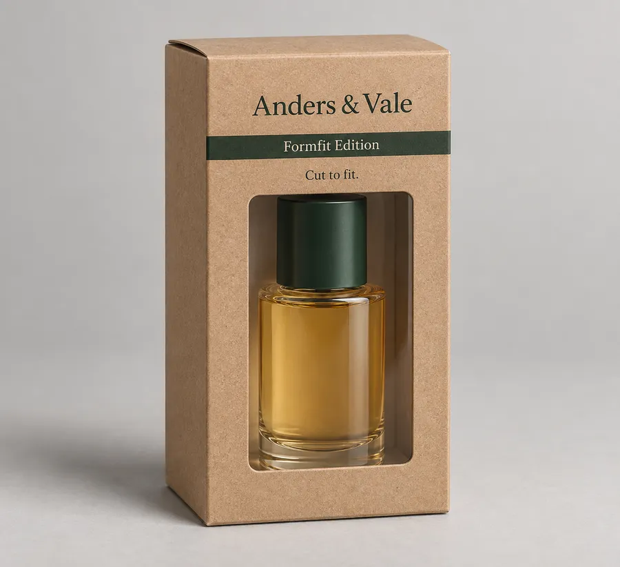 Custom window die-cut box showing an amber cosmetic bottle through its front opening