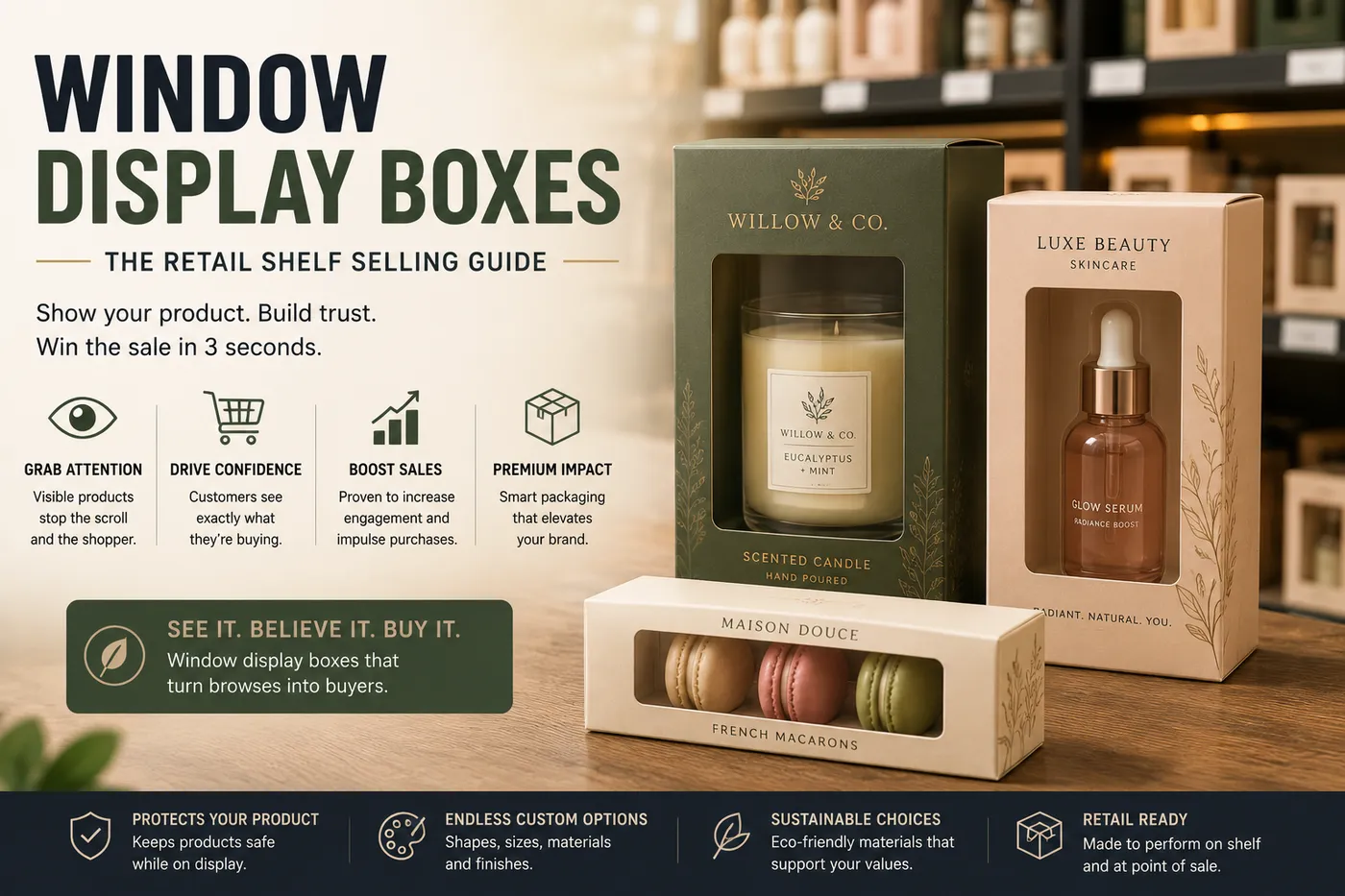 window display boxes retail shelf product visible packaging