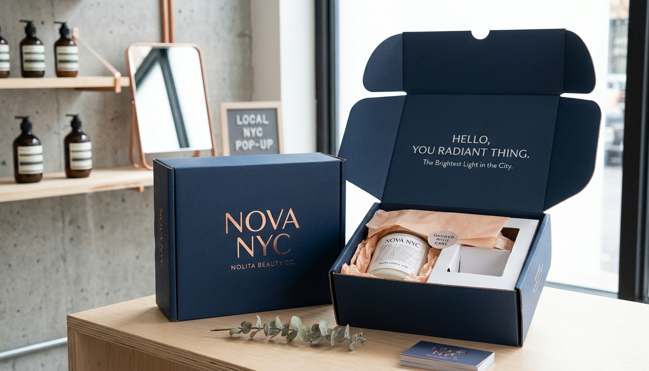 Custom branded mailer box for a New York City beauty brand