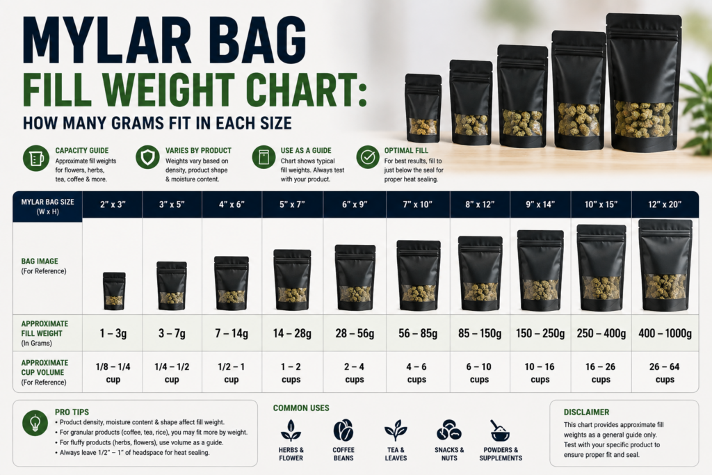 Mylar Bag Fill Weight Chart